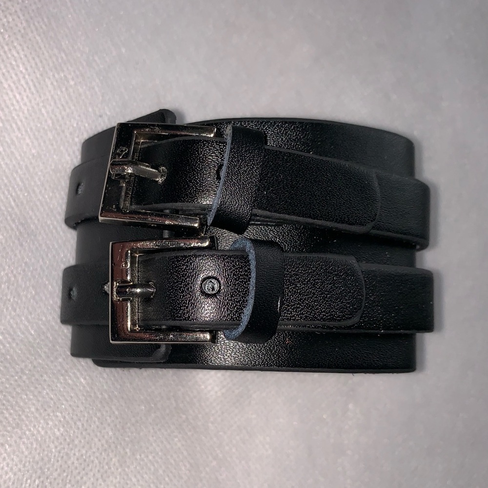 Black Leather Cuff Bracelet with two buckles